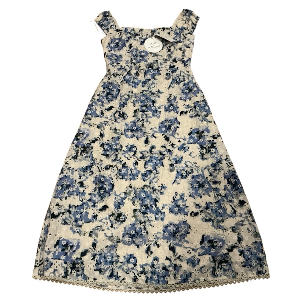 Lost and wander blue & white floral midi dress,smock back embroidered size S